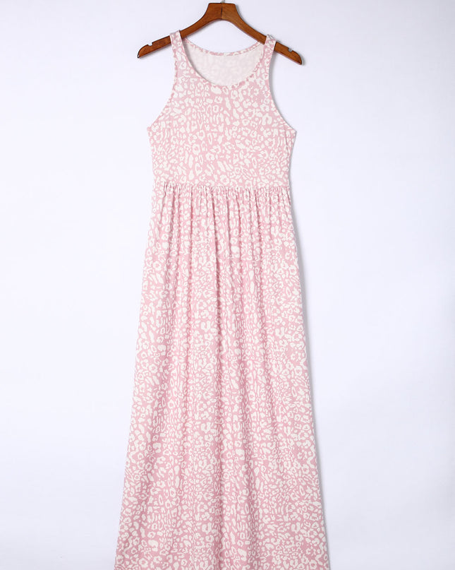 Pink Leopard Print Pocketed Sleeveless Maxi Dress