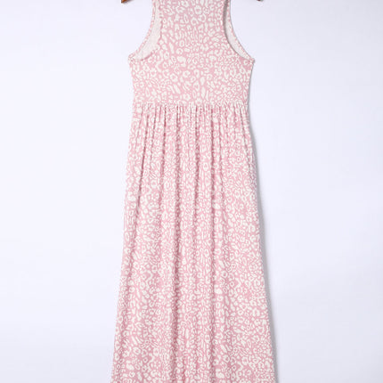 Pink Leopard Print Pocketed Sleeveless Maxi Dress