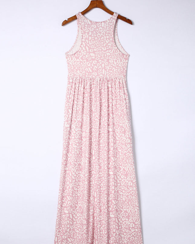 Pink Leopard Print Pocketed Sleeveless Maxi Dress