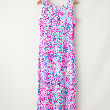 Purple Abstract Floral Print Sleeveless Maxi Dress