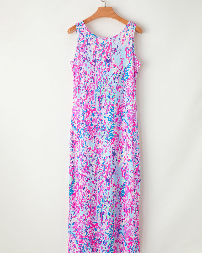 Purple Abstract Floral Print Sleeveless Maxi Dress