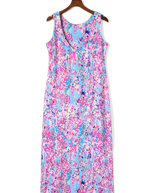 Purple Abstract Floral Print Sleeveless Maxi Dress