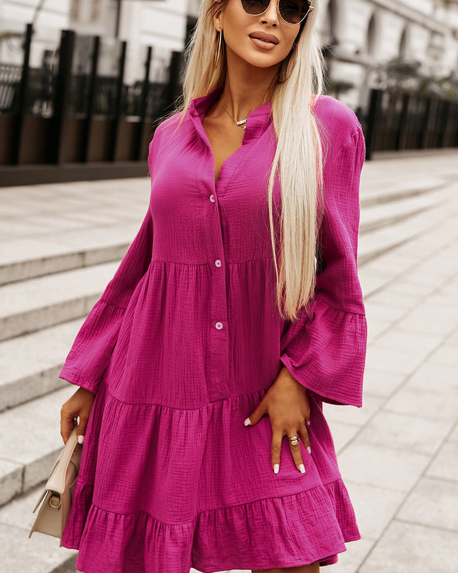 Rose Crinkled Tiered Split Neck Shirt Dress
