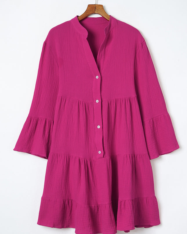 Rose Crinkled Tiered Split Neck Shirt Dress