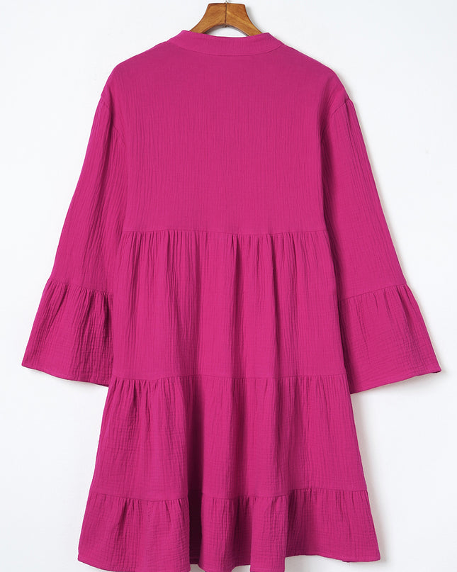 Rose Crinkled Tiered Split Neck Shirt Dress