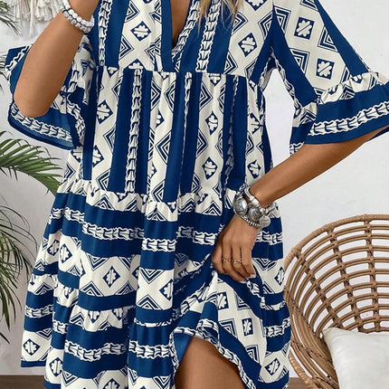 Blue Geometric Print V Neck Ruffled Dress