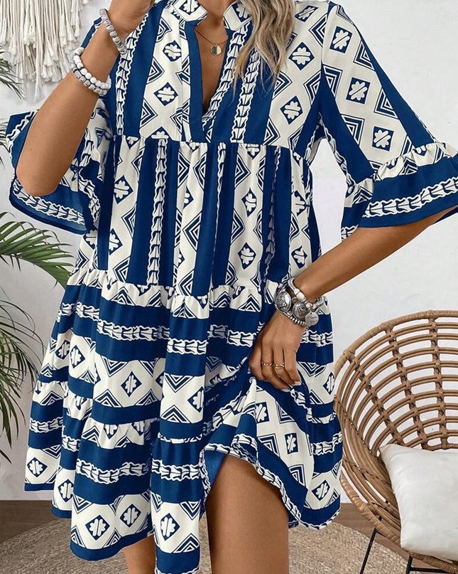 Blue Geometric Print V Neck Ruffled Dress