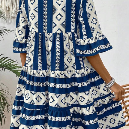 Blue Geometric Print V Neck Ruffled Dress