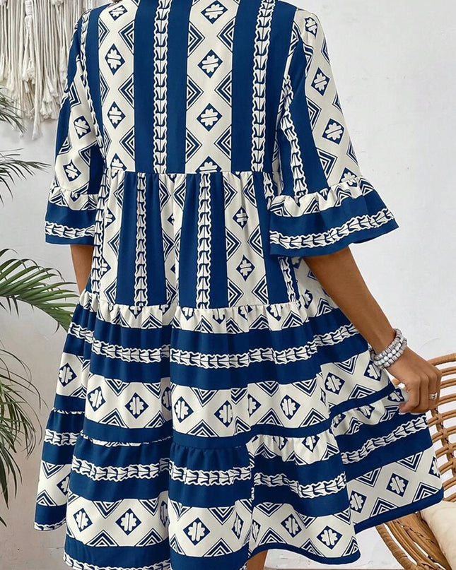 Blue Geometric Print V Neck Ruffled Dress