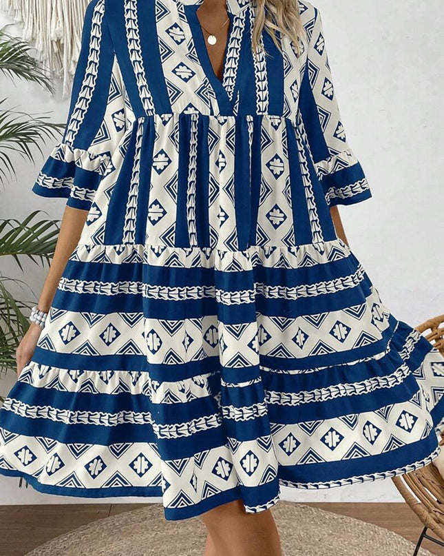 Blue Geometric Print V Neck Ruffled Dress