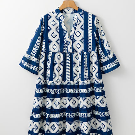 Blue Geometric Print V Neck Ruffled Dress