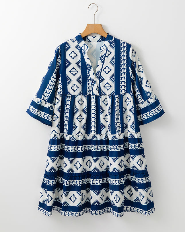 Blue Geometric Print V Neck Ruffled Dress