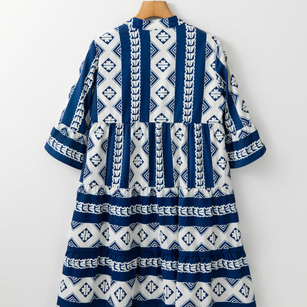 Blue Geometric Print V Neck Ruffled Dress