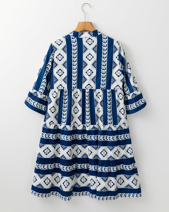 Blue Geometric Print V Neck Ruffled Dress