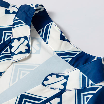 Blue Geometric Print V Neck Ruffled Dress