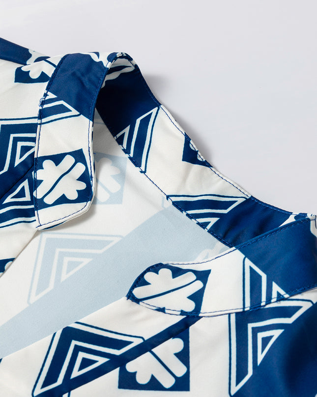 Blue Geometric Print V Neck Ruffled Dress