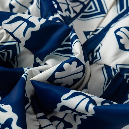 Blue Geometric Print V Neck Ruffled Dress