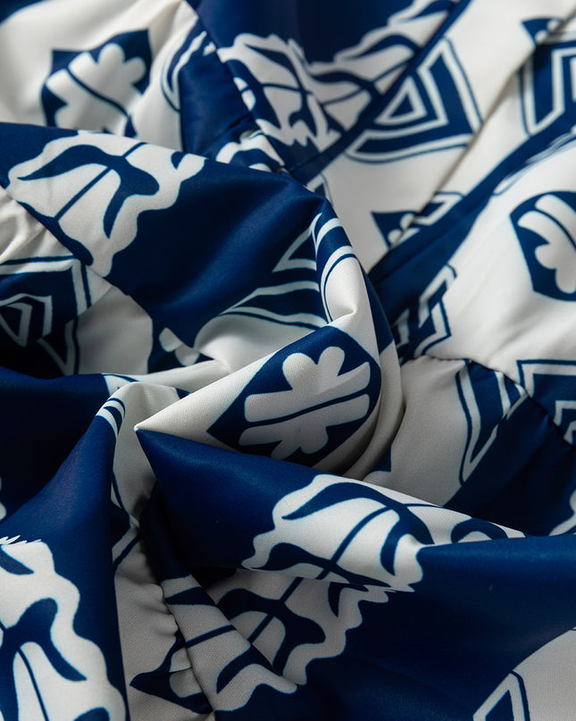 Blue Geometric Print V Neck Ruffled Dress