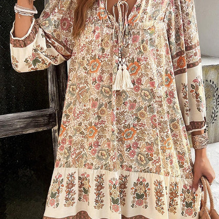 Apricot Floral Tassel Drawstring V Neck Dress