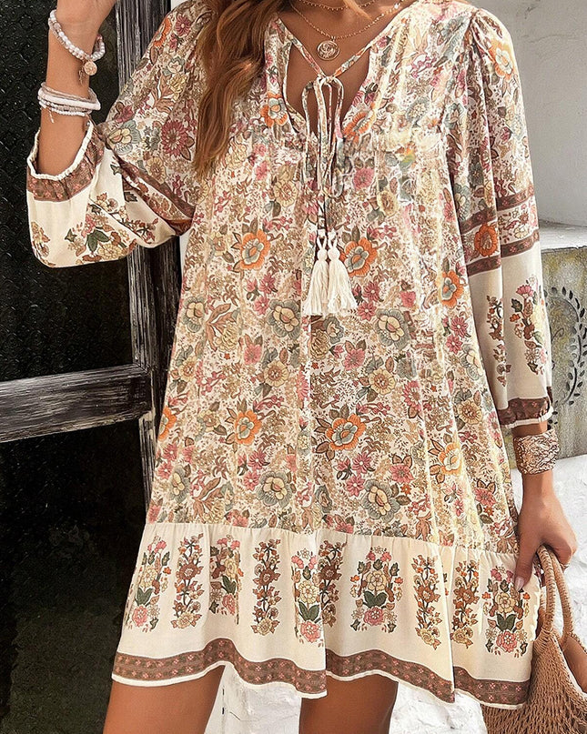 Apricot Floral Tassel Drawstring V Neck Dress