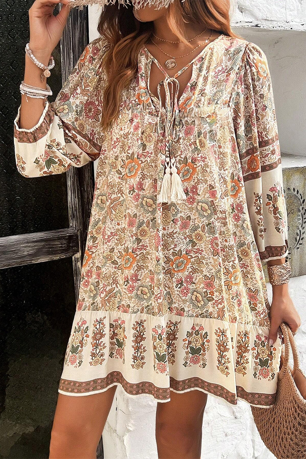 Apricot Floral Tassel Drawstring V Neck Dress