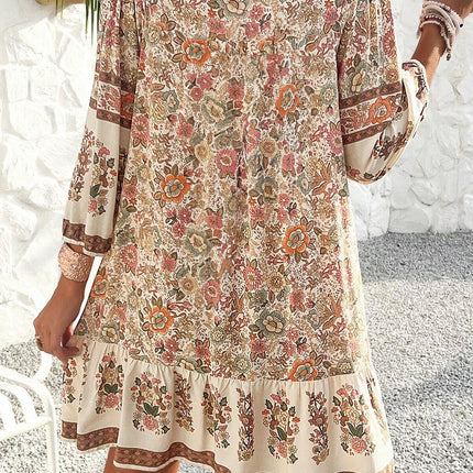 Apricot Floral Tassel Drawstring V Neck Dress