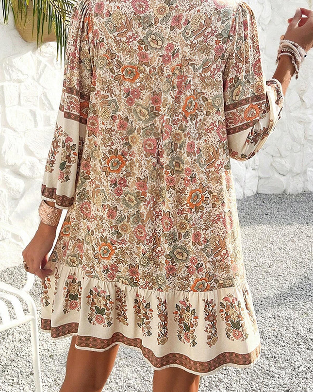 Apricot Floral Tassel Drawstring V Neck Dress