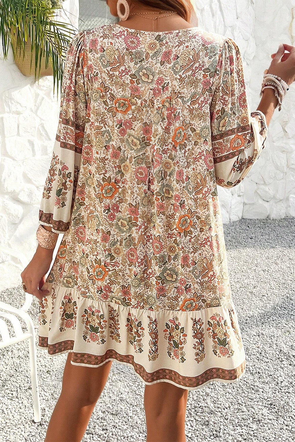 Apricot Floral Tassel Drawstring V Neck Dress