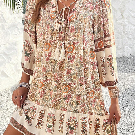 Apricot Floral Tassel Drawstring V Neck Dress
