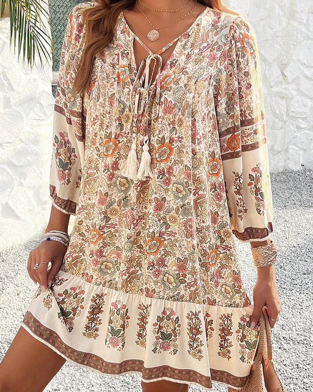 Apricot Floral Tassel Drawstring V Neck Dress