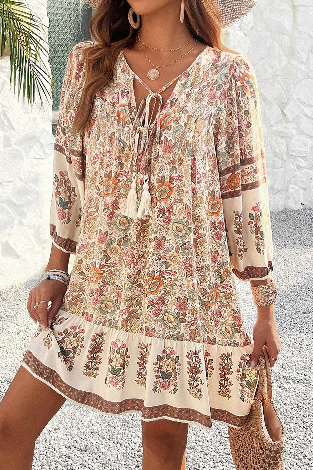 Apricot Floral Tassel Drawstring V Neck Dress
