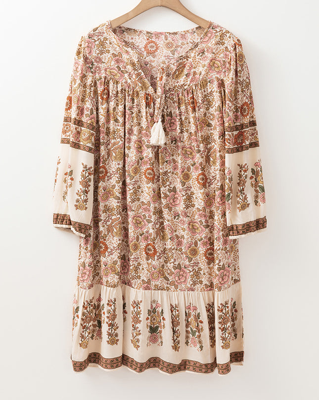 Apricot Floral Tassel Drawstring V Neck Dress
