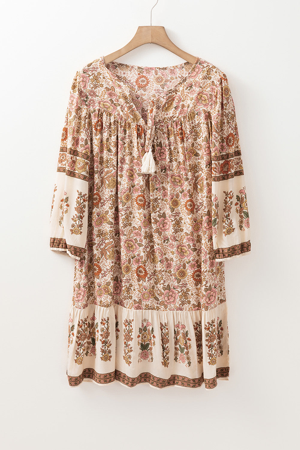Apricot Floral Tassel Drawstring V Neck Dress