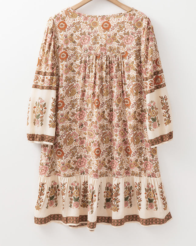 Apricot Floral Tassel Drawstring V Neck Dress