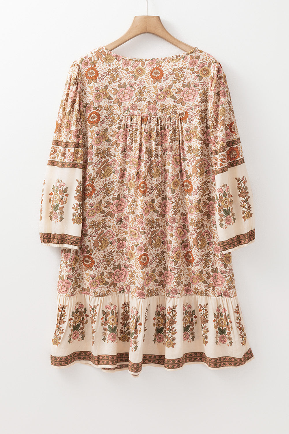 Apricot Floral Tassel Drawstring V Neck Dress