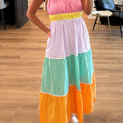 Multi-colour Self-tie Straps High Waist  Maxi Dress