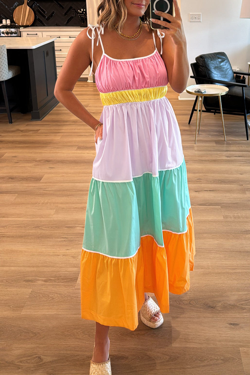 Multi-colour Self-tie Straps High Waist  Maxi Dress