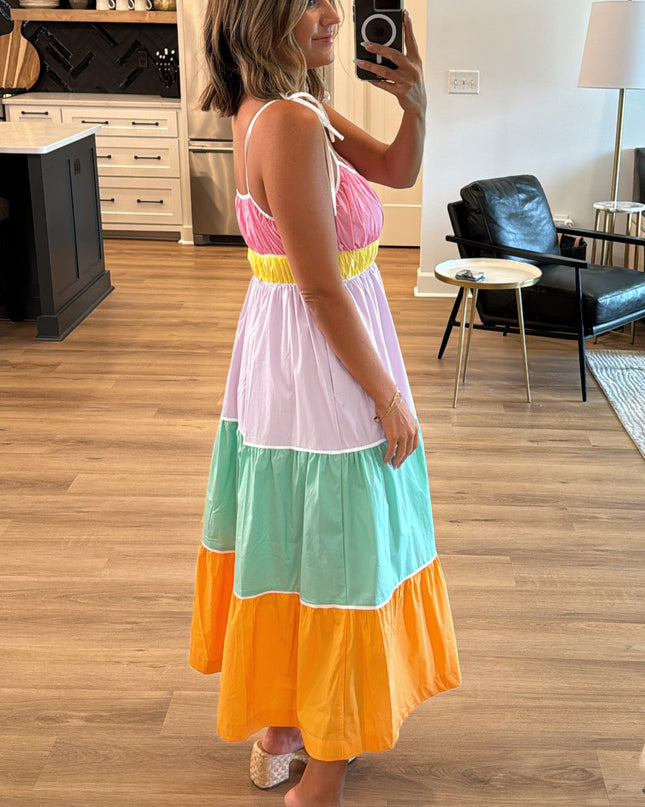 Multi-colour Self-tie Straps High Waist  Maxi Dress