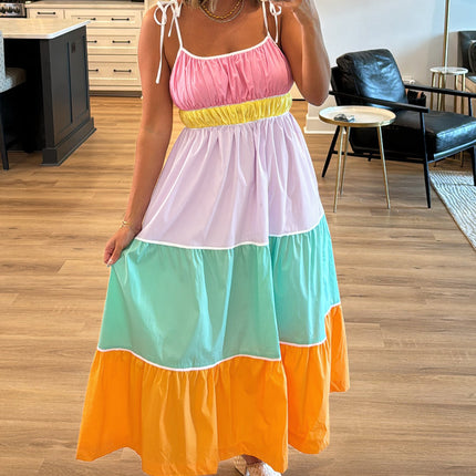 Multi-colour Self-tie Straps High Waist  Maxi Dress