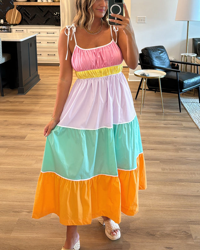 Multi-colour Self-tie Straps High Waist  Maxi Dress