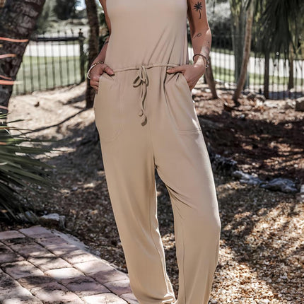 Smoke Gray Drawstring Pockets Sleeveless Jogger Jumpsuit