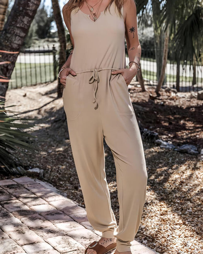 Smoke Gray Drawstring Pockets Sleeveless Jogger Jumpsuit