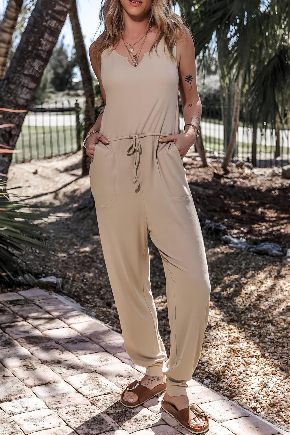 Smoke Gray Drawstring Pockets Sleeveless Jogger Jumpsuit