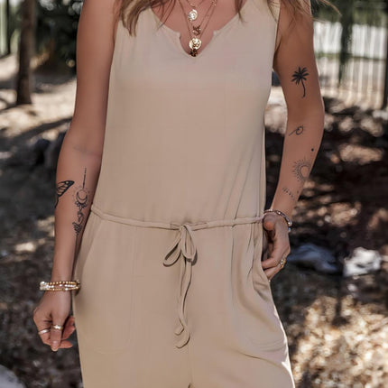 Smoke Gray Drawstring Pockets Sleeveless Jogger Jumpsuit