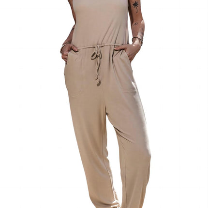 Smoke Gray Drawstring Pockets Sleeveless Jogger Jumpsuit