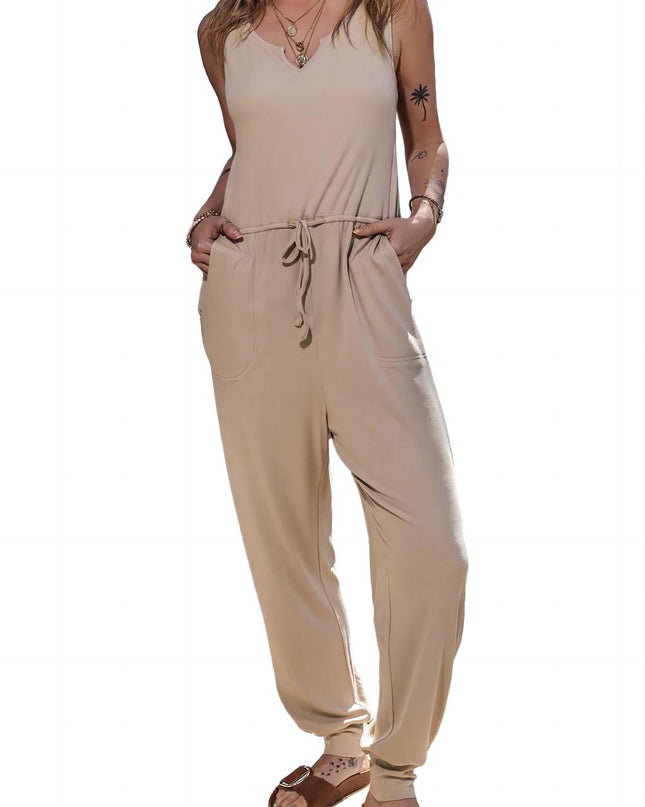 Smoke Gray Drawstring Pockets Sleeveless Jogger Jumpsuit