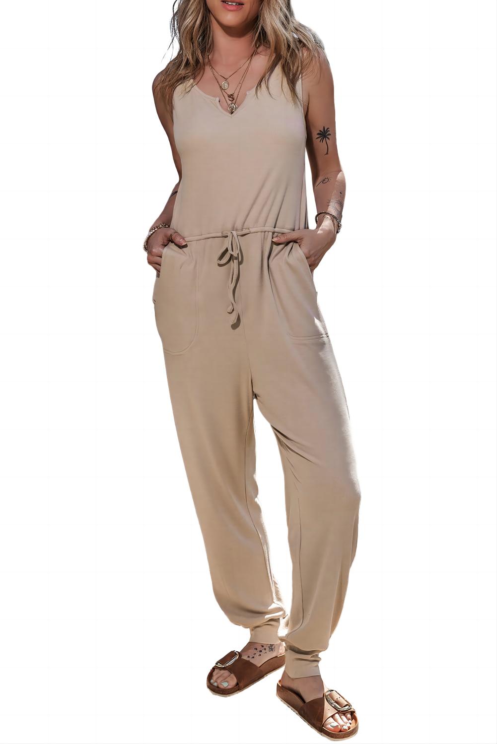Smoke Gray Drawstring Pockets Sleeveless Jogger Jumpsuit