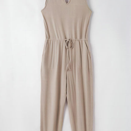 Smoke Gray Drawstring Pockets Sleeveless Jogger Jumpsuit