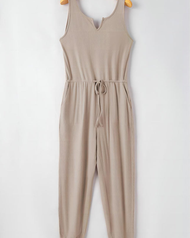 Smoke Gray Drawstring Pockets Sleeveless Jogger Jumpsuit