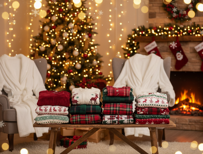 Create a festive seasonal banner for SwaggyFit.ca featuring their Christmas pajamas and robes. The mood should be cozy, warm, and celebratory. Use soft twinkling lights, warm reds and creams, and subtle snowflake overlays.
NO TEXT